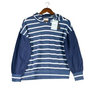 Chaser Womens S Blue‎ White Stripe Hoodie Balloon Sleeve Top Preppy Nautical